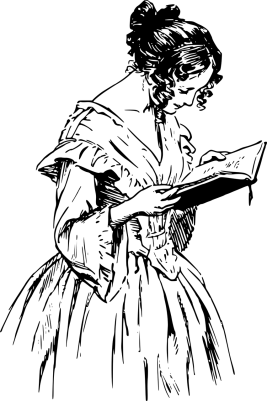 Black and white drawing of a woman in Victorian clothes reading an open book