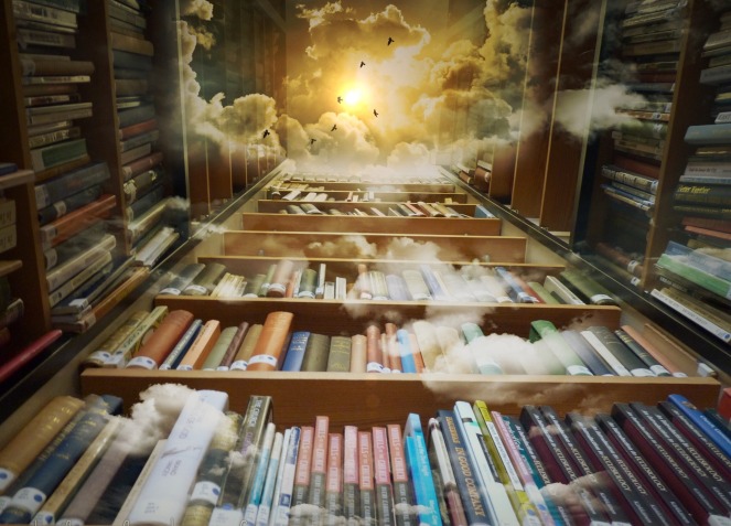 fantasy scene of tall tunnel of bookcases filled with clouds, some birds, and the sun at the top of the tunnel