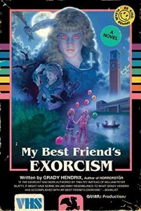 Book cover with a blonde girl with red eyes, owls and bats in the background, a clock tower, and 2 little girls holding hands